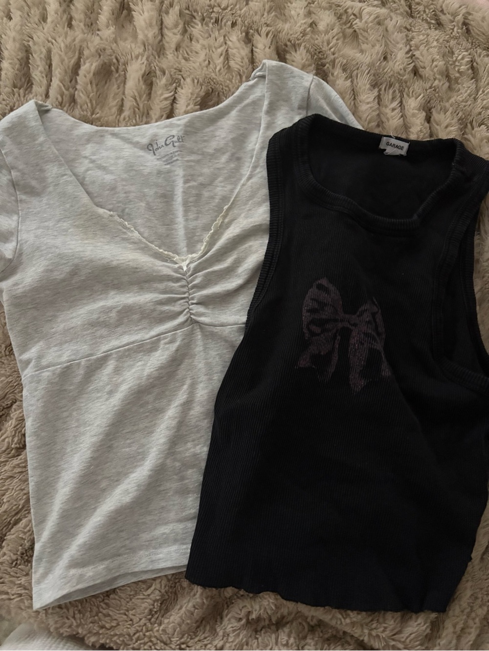 Garage Black Ribbed Tank with Bow Graphic & Brandy Light Gray V-Neck Crop Top